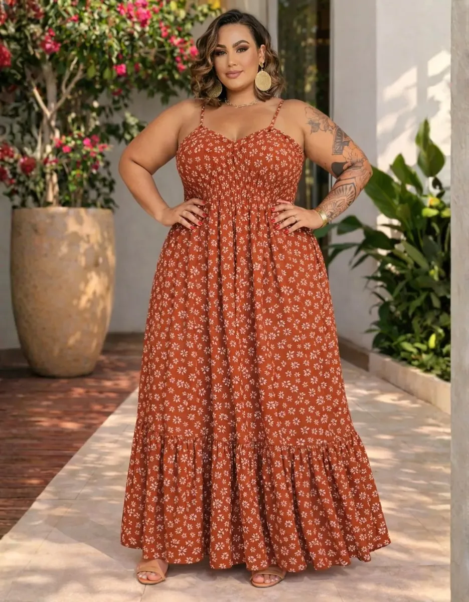 Vestido Plus Size Longo Lastex Soltinho Alcinha Elegante