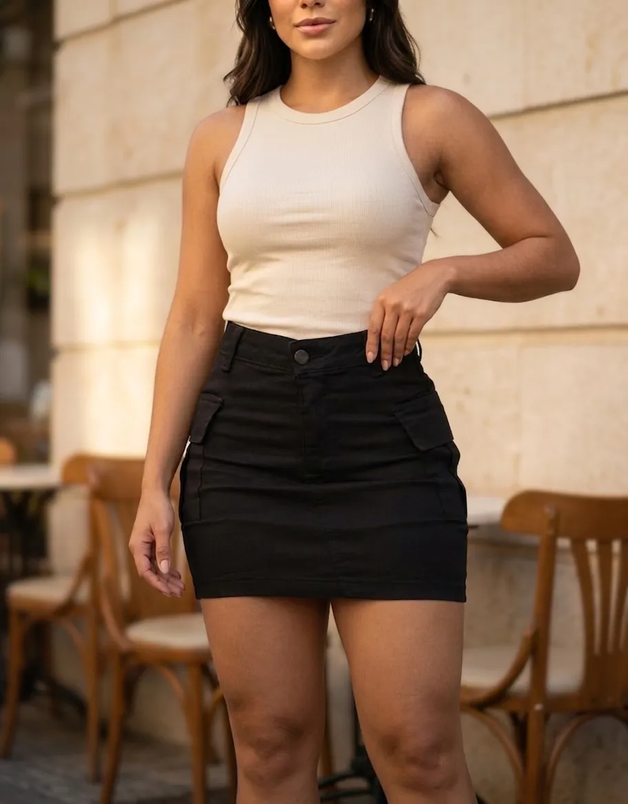 Saia Cargo Feminina Cintura Alta Com Lycra Levanta Bumbum