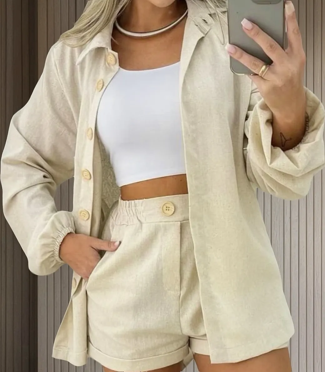 Conjunto Linho Feminino Camisa E Short Linha Premium