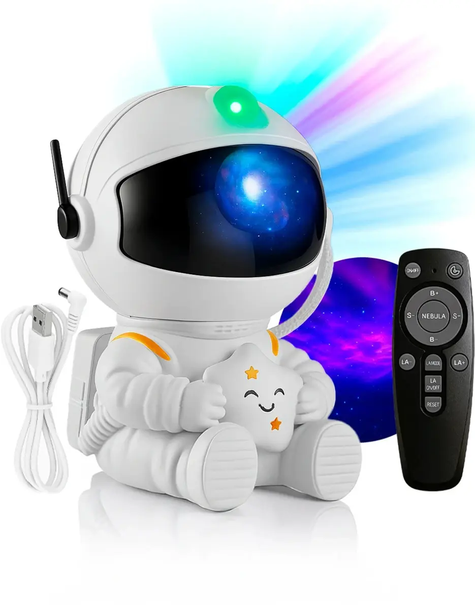 Luminária Astronauta Projetor Led Infantil Galáxia Estrela Branco Robo Robozinho Luz Colorida Céu Teto Abajur De Mesa Cupula Decorativa Para Quarto Rgb Noturna Bivolt Portatil Lua Art Light
