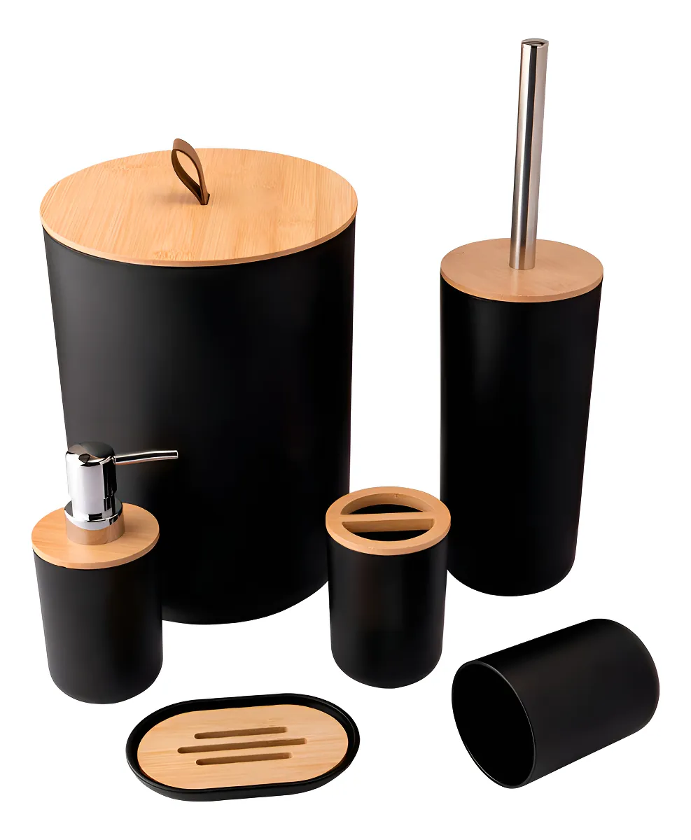 Kit Banheiro Moderno Bambu Com 6 Peças Lixeira Tampa Fechada Cor Preto