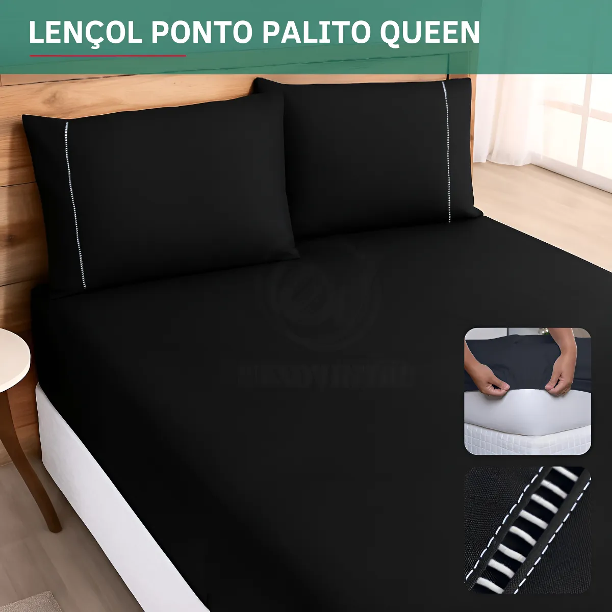 Jogo De Cama 3 Peças Queen 400 Fios Percal C/ Fronha Ponto Palito Lençol Elástico Extra Macio Cinza Azul Marinho Premium