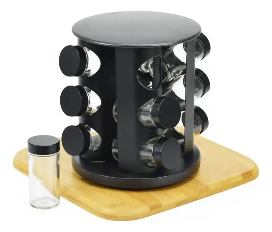 Porta Temperos Giratório Com 9 Potes De Vidro Cor Preto